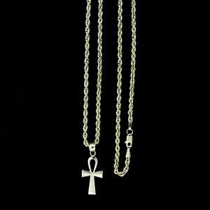 10K Real Gold Rope Chain and Ankh Cross Pendant Set